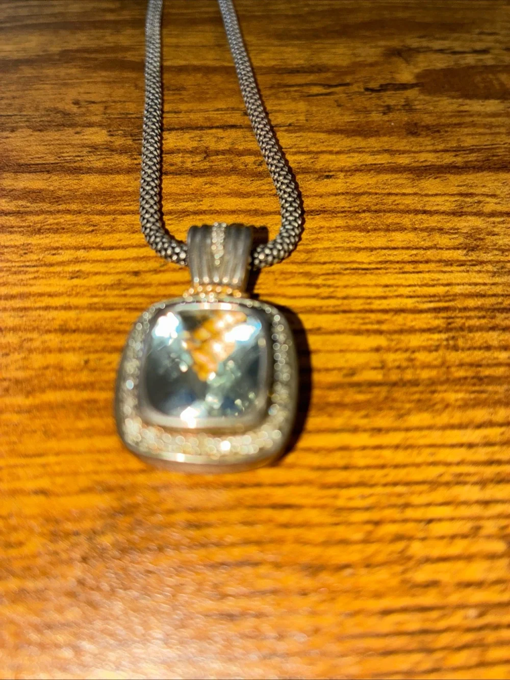 Silver-Tone Necklace with Blue-Green Faceted Pendant